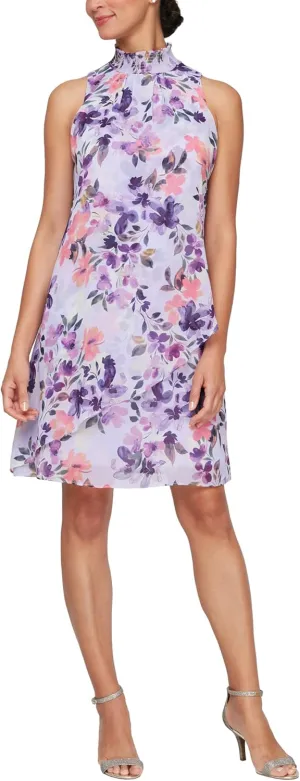 S.L. Fashions Women's Short Printed Sleeveless Dress with Smocked Neck and Asymmetric Overlay