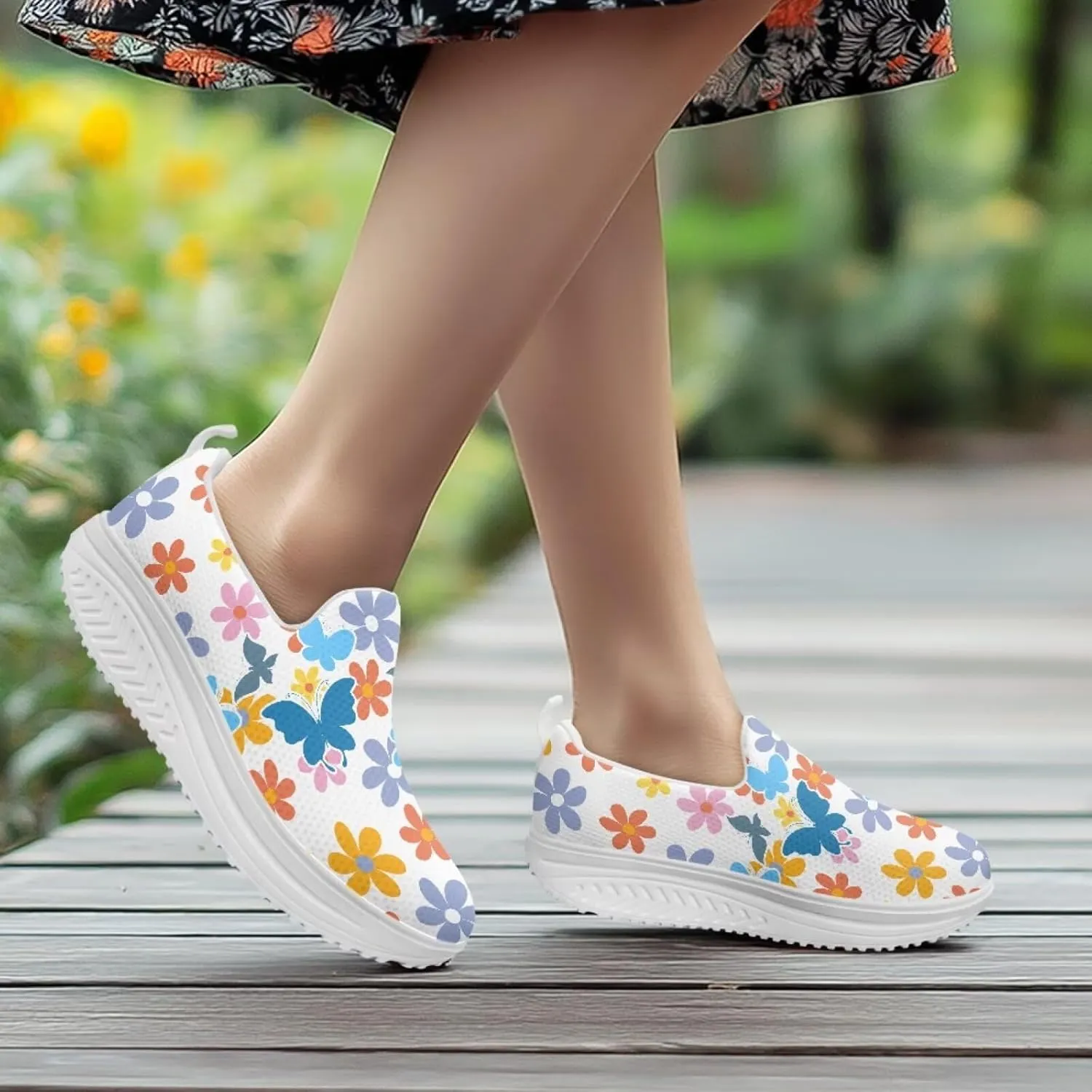 Slip On Women Shoes Hippie Florals Rocking Sole Loafers Comfort Elastic Stretch Mesh Casual Walking Sneakers