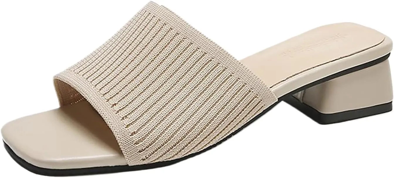 Smoneyful Womens Breathable Sandals Chunky Square Toe Open Toe Heeled Mule Block Heels Knit Slip Chunky Square Heels Slides Sandals