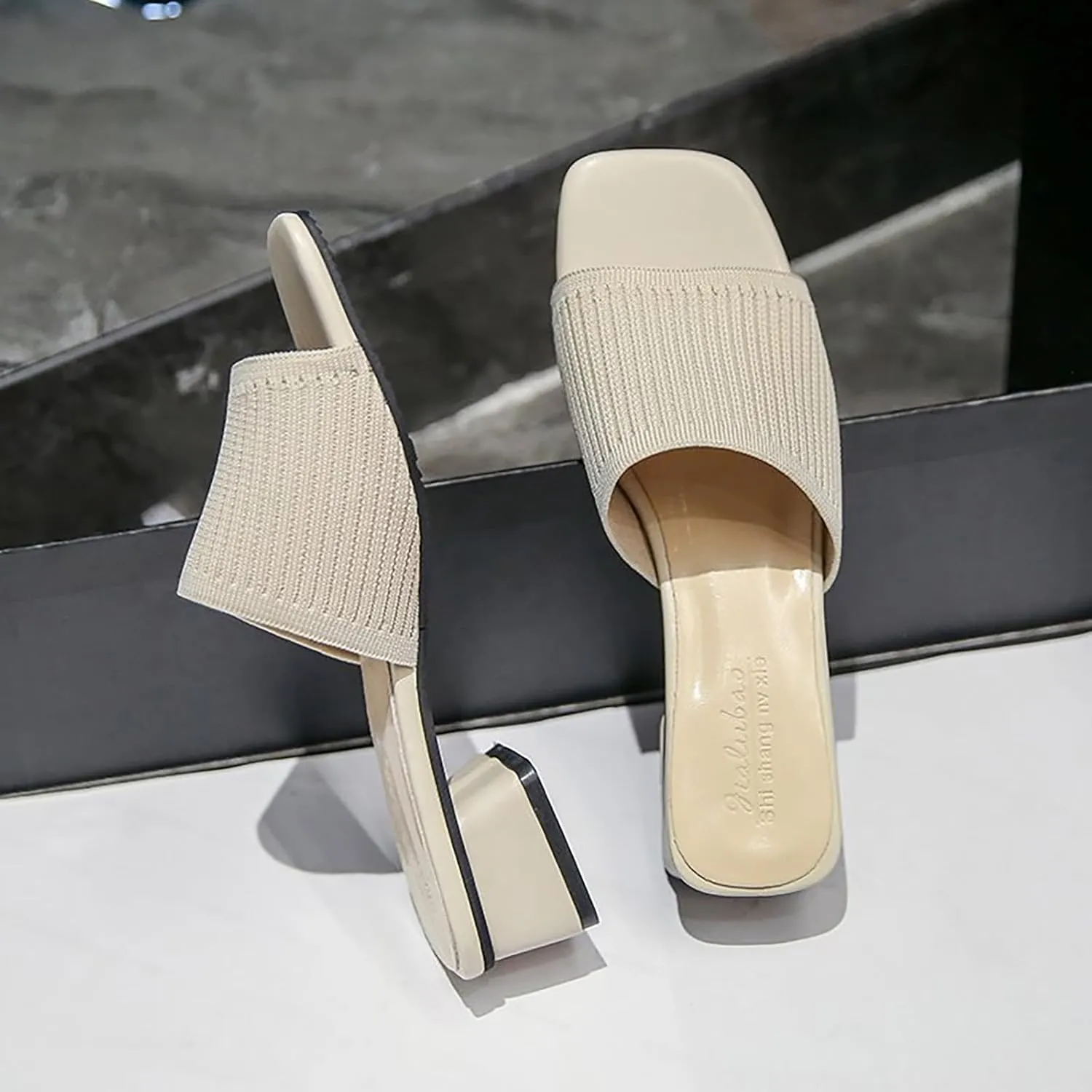Smoneyful Womens Breathable Sandals Chunky Square Toe Open Toe Heeled Mule Block Heels Knit Slip Chunky Square Heels Slides Sandals