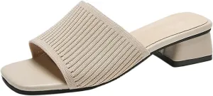 Smoneyful Womens Breathable Sandals Chunky Square Toe Open Toe Heeled Mule Block Heels Knit Slip Chunky Square Heels Slides Sandals