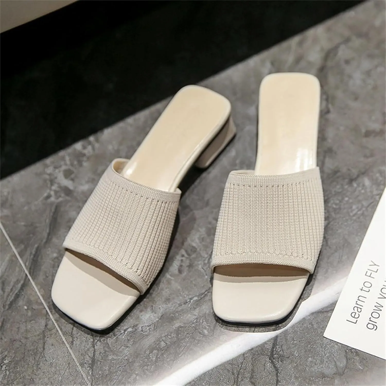 Smoneyful Womens Breathable Sandals Chunky Square Toe Open Toe Heeled Mule Block Heels Knit Slip Chunky Square Heels Slides Sandals