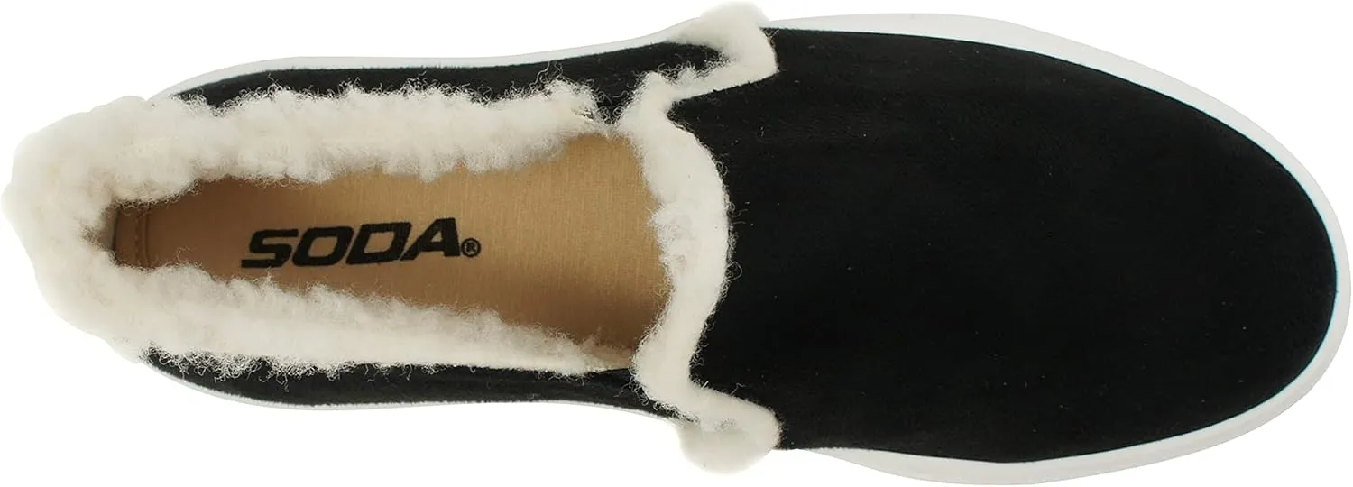 Soda Glassy Women’s Slip On Faux Fur Trimming Double Layer Foam Padded Cushion Sock Fashion Sneakers
