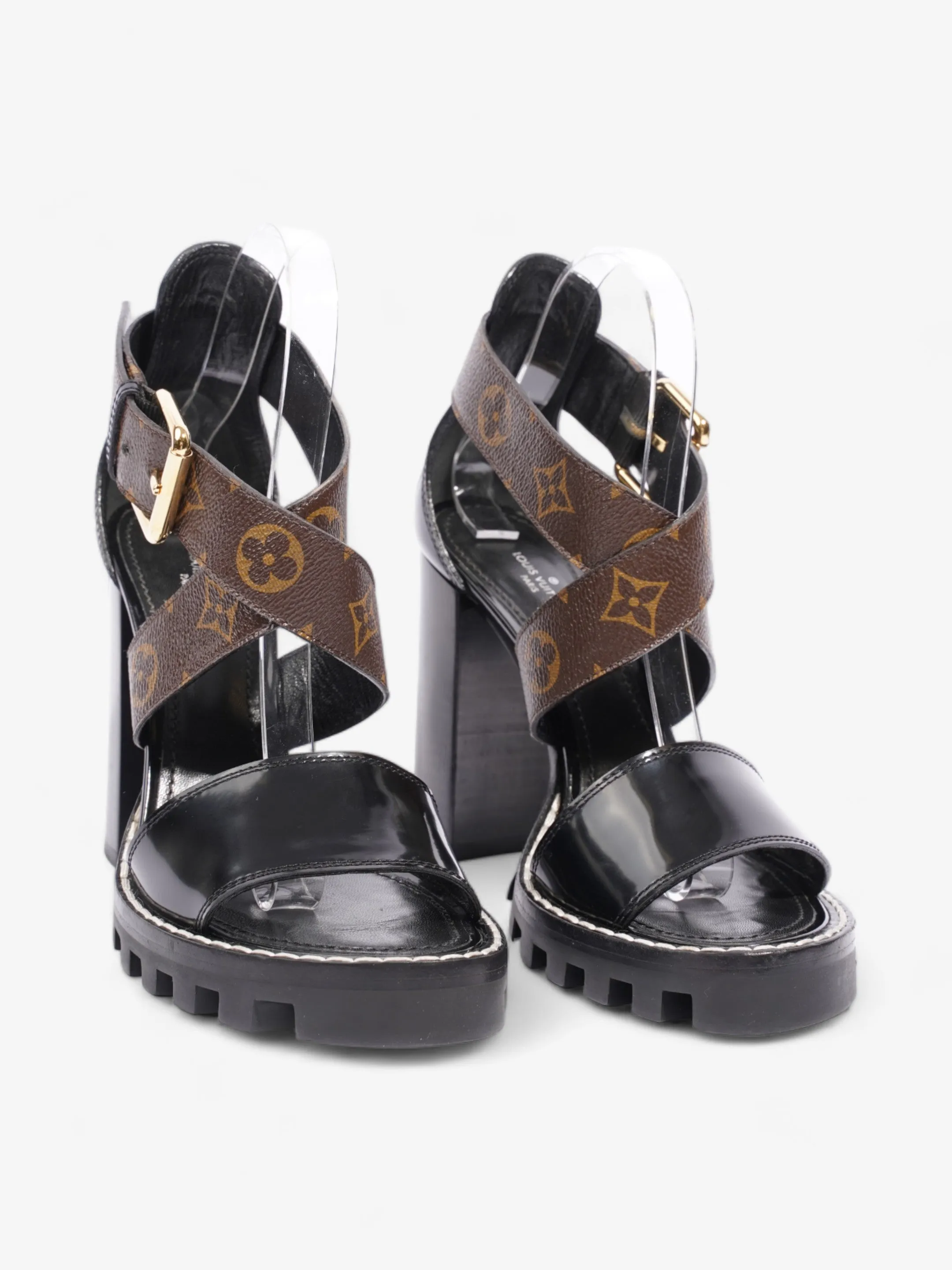 Star Trail Sandals 100 Black / Brown Monogram Patent Leather EU 38 UK 5