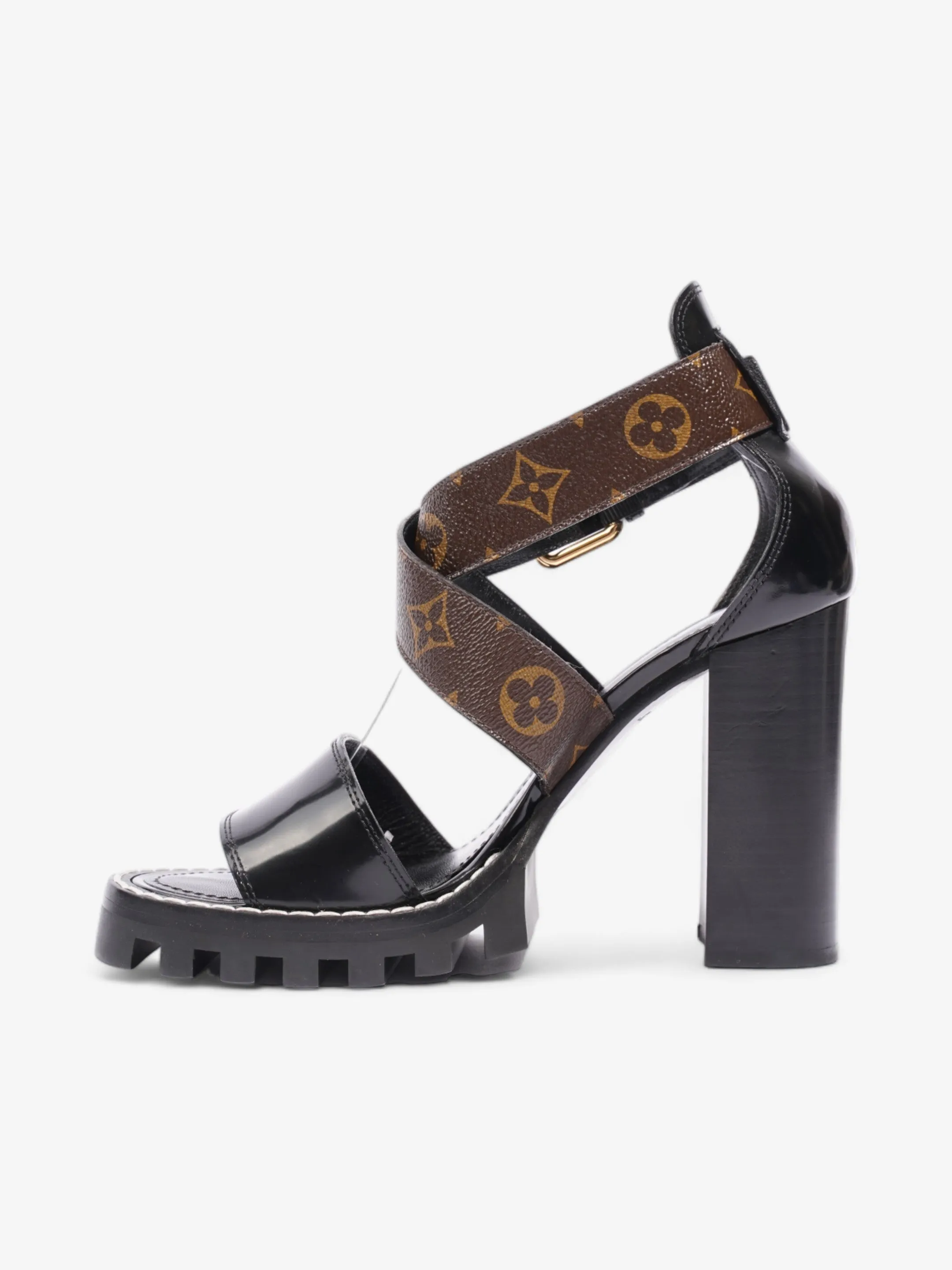 Star Trail Sandals 100 Black / Brown Monogram Patent Leather EU 38 UK 5
