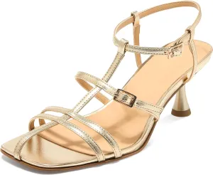 Strappy Sandals Women Square Toe Ankle Strap Heels Kitten Heels T-Strap Gladiator Sandal