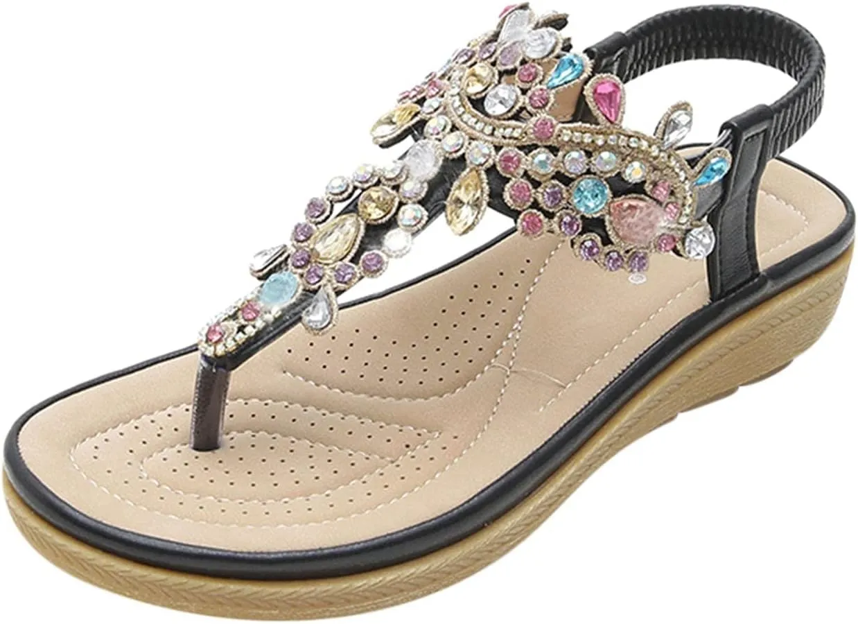 Summer Fashion Rhinestones T-Strap Sandals for Women Classic Strappy Thong Mid Platform Sandal Comfy Walking Footwear