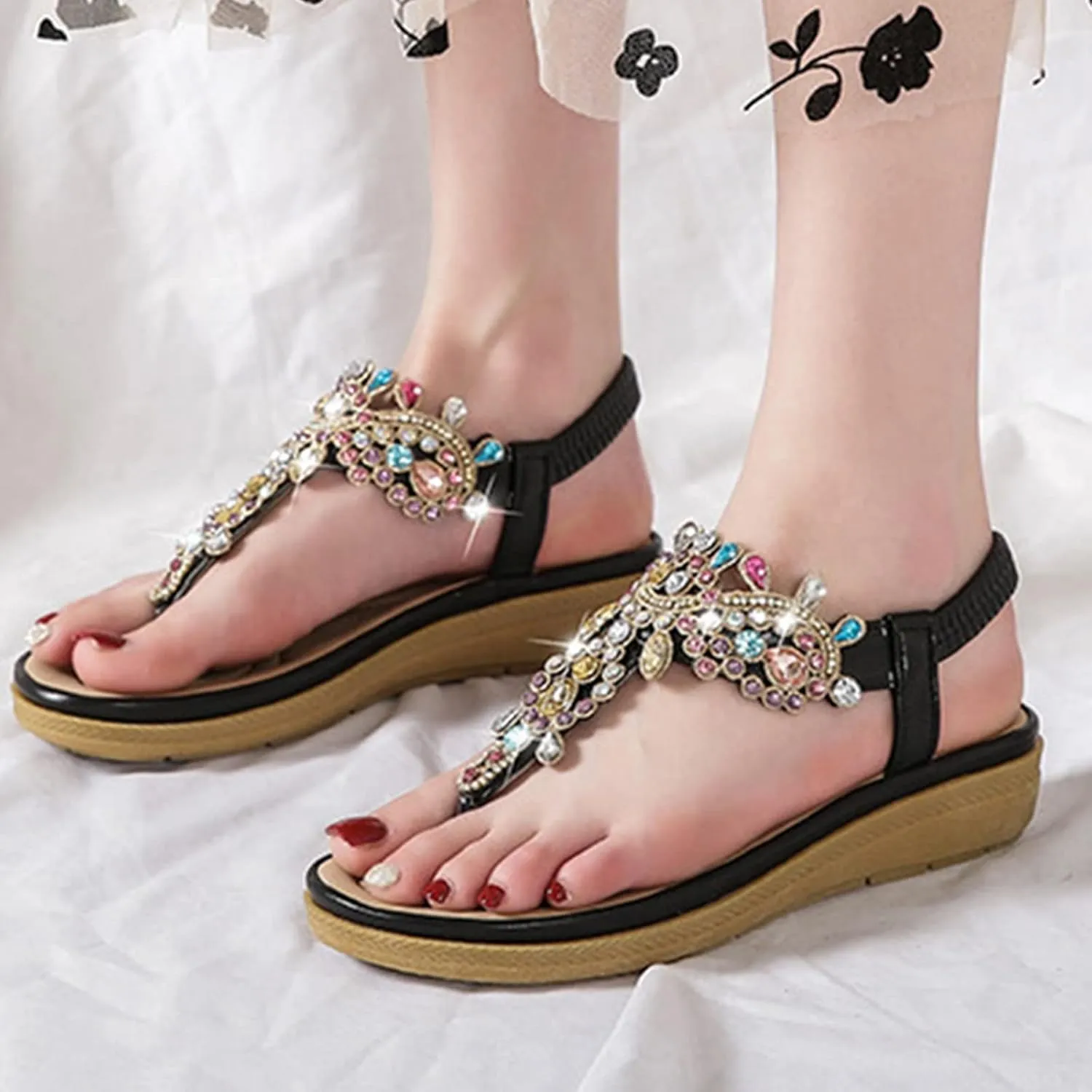 Summer Fashion Rhinestones T-Strap Sandals for Women Classic Strappy Thong Mid Platform Sandal Comfy Walking Footwear
