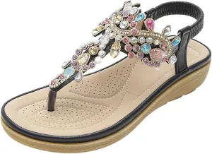Summer Fashion Rhinestones T-Strap Sandals for Women Classic Strappy Thong Mid Platform Sandal Comfy Walking Footwear