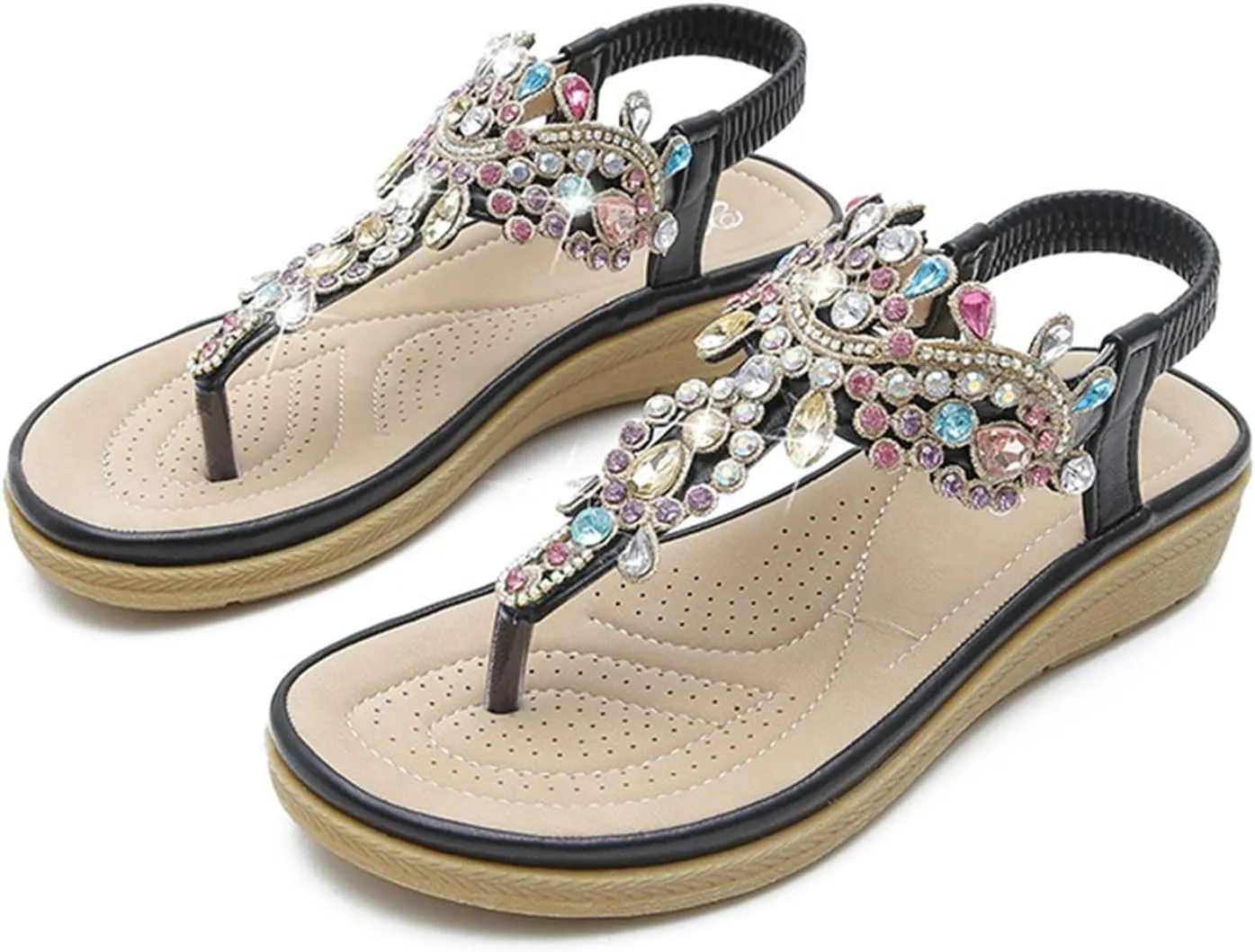 Summer Fashion Rhinestones T-Strap Sandals for Women Classic Strappy Thong Mid Platform Sandal Comfy Walking Footwear