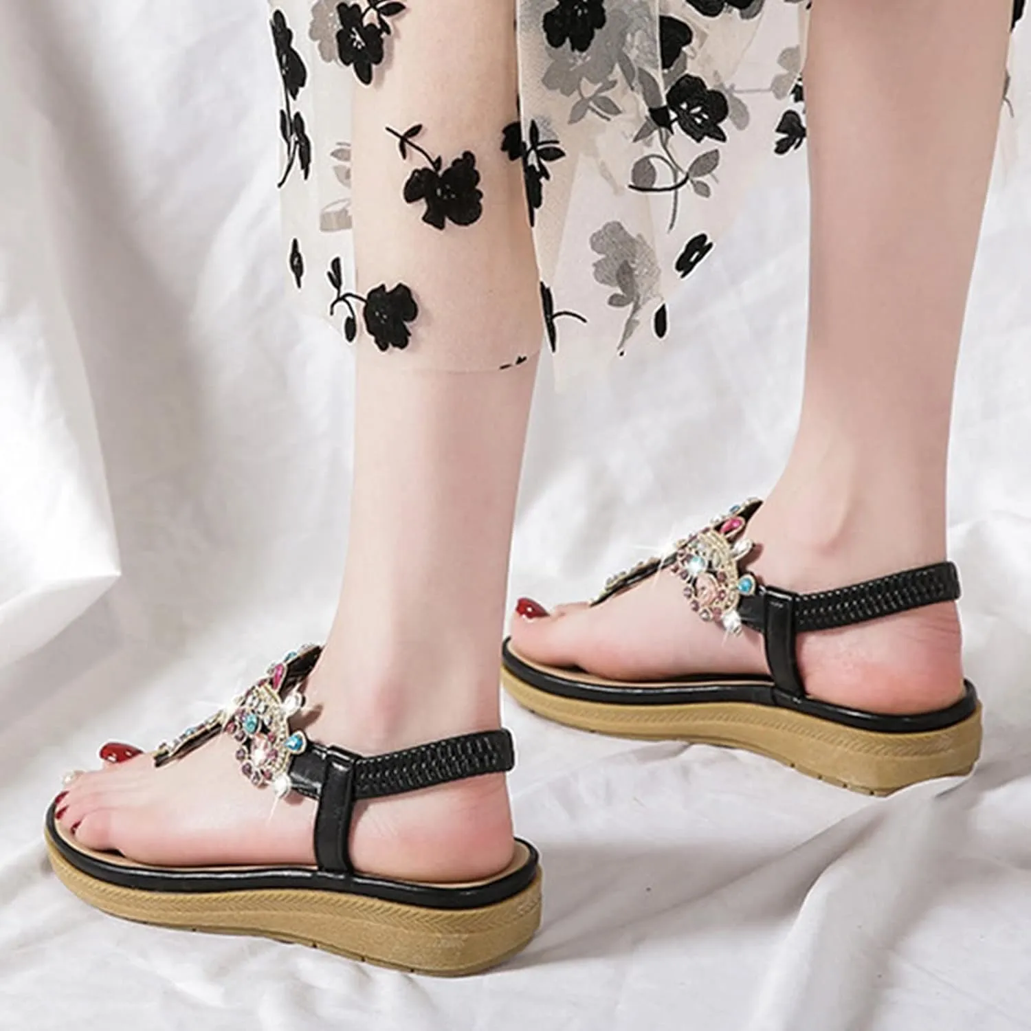 Summer Fashion Rhinestones T-Strap Sandals for Women Classic Strappy Thong Mid Platform Sandal Comfy Walking Footwear