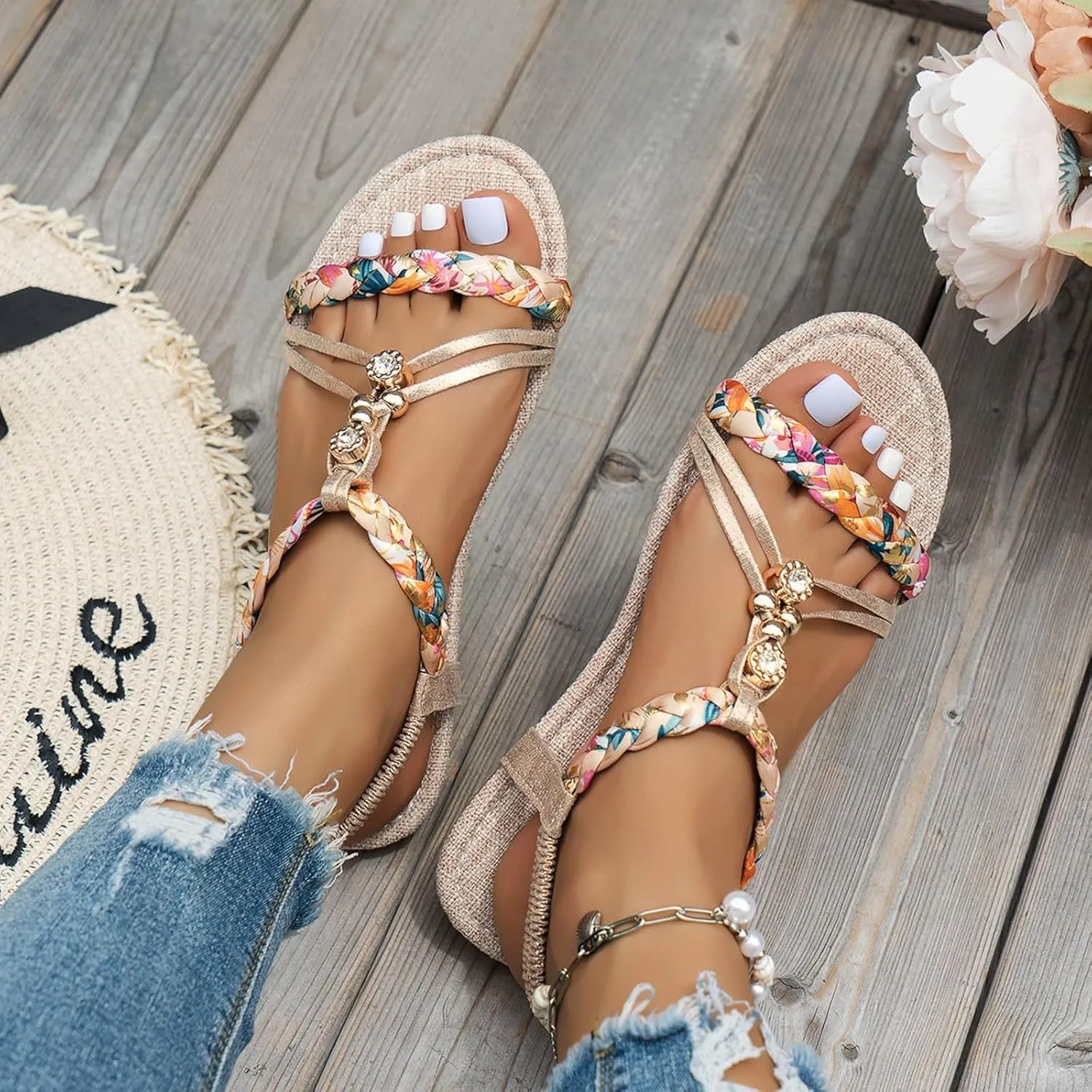 Summer Rhinestones Sandals for Women, Comfy Open Toe Arch Support T-strap Boho Sparkly Elastic Strappy Dressy Sandal Ladies Low Heel Slip On Cushioned Footbed Shoe for Wedding Daily Wear