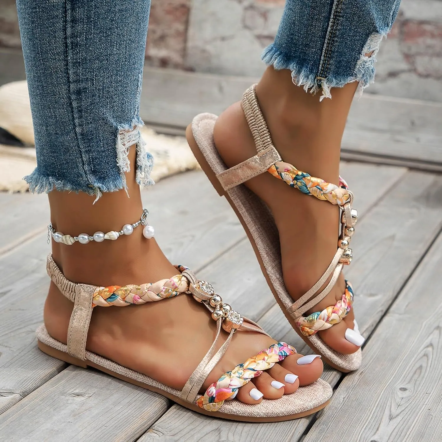 Summer Rhinestones Sandals for Women, Comfy Open Toe Arch Support T-strap Boho Sparkly Elastic Strappy Dressy Sandal Ladies Low Heel Slip On Cushioned Footbed Shoe for Wedding Daily Wear