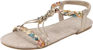Summer Rhinestones Sandals for Women, Comfy Open Toe Arch Support T-strap Boho Sparkly Elastic Strappy Dressy Sandal Ladies Low Heel Slip On Cushioned Footbed Shoe for Wedding Daily Wear