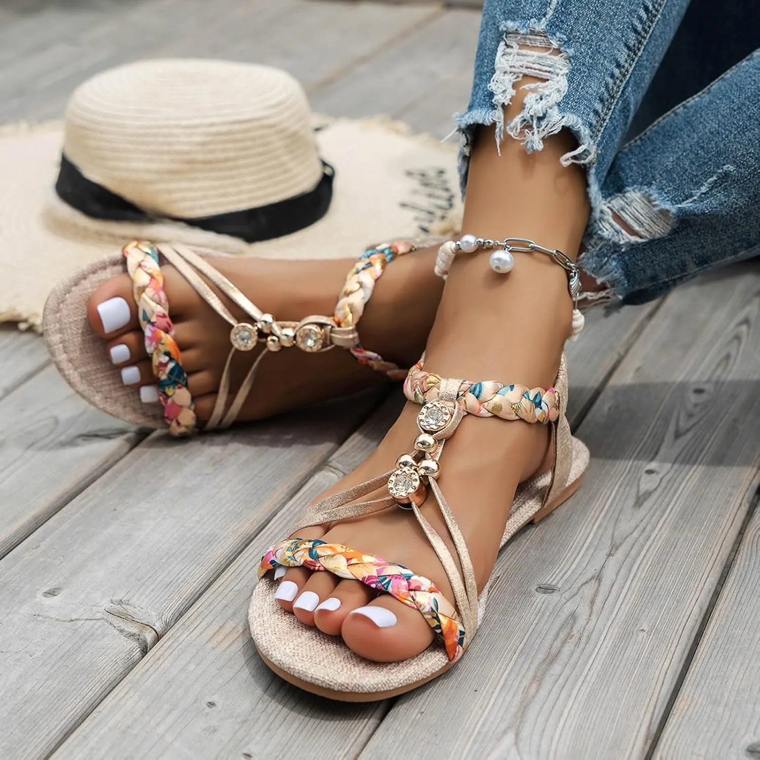 Summer Rhinestones Sandals for Women, Comfy Open Toe Arch Support T-strap Boho Sparkly Elastic Strappy Dressy Sandal Ladies Low Heel Slip On Cushioned Footbed Shoe for Wedding Daily Wear