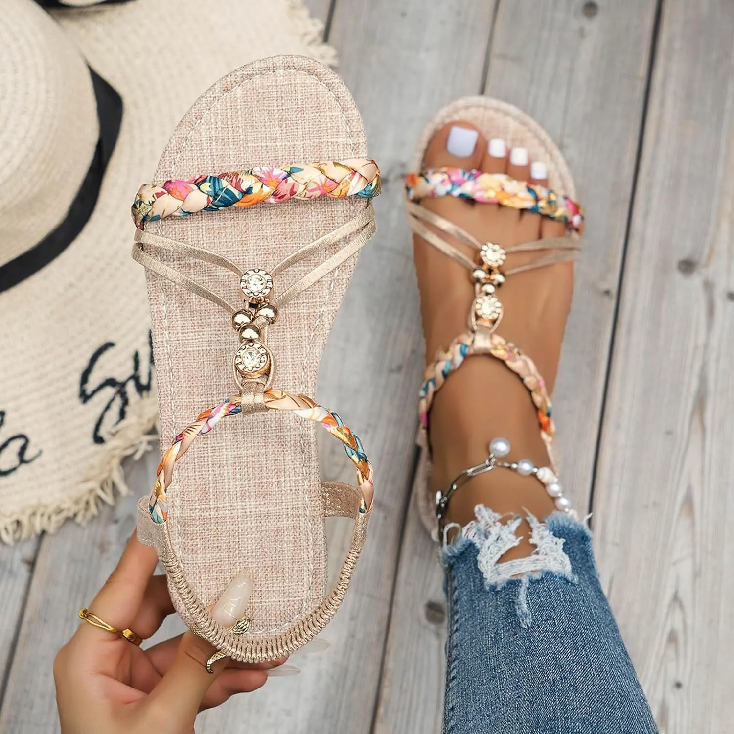 Summer Rhinestones Sandals for Women, Comfy Open Toe Arch Support T-strap Boho Sparkly Elastic Strappy Dressy Sandal Ladies Low Heel Slip On Cushioned Footbed Shoe for Wedding Daily Wear