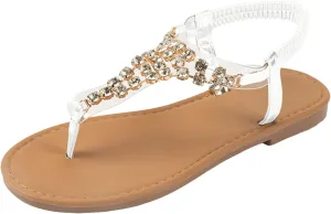 Summer Rhinestones Sandals for Women, Comfy Open Toe T-strap Bohemian Dressy Flat Shoes Elastc Strappy Ladies Low Heel Slip On Cushioned Footbed Arch Support Shoe for Wedding Bridal Daily Wear