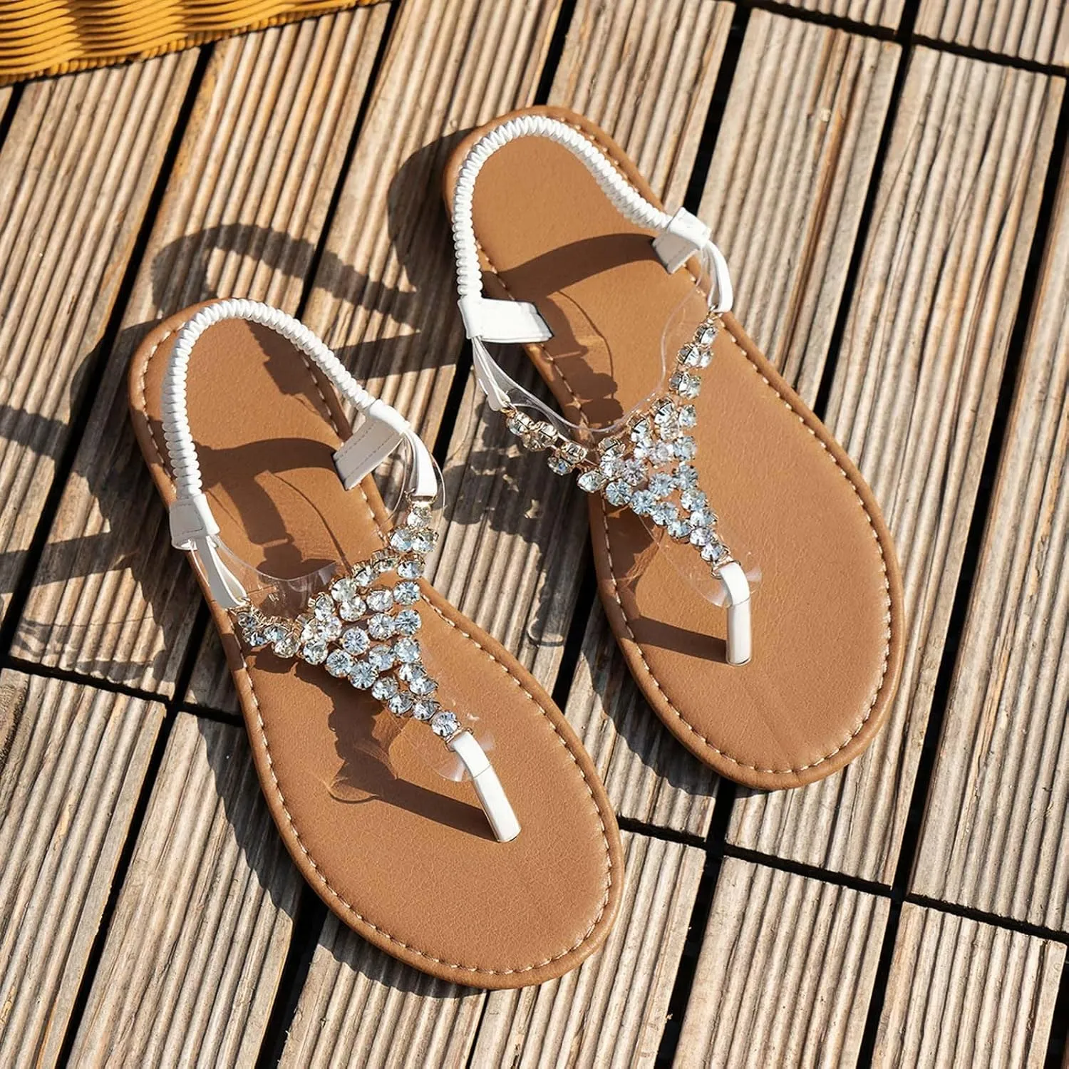 Summer Rhinestones Sandals for Women, Comfy Open Toe T-strap Bohemian Dressy Flat Shoes Elastc Strappy Ladies Low Heel Slip On Cushioned Footbed Arch Support Shoe for Wedding Bridal Daily Wear