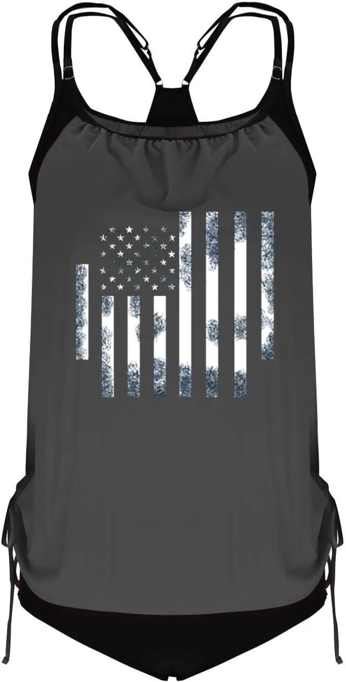 Tankini Swimsuits for Women Tummy Control American Flag Bathing Suit 2 Piece Hide Belly Blouson Swimwear with Bottoms