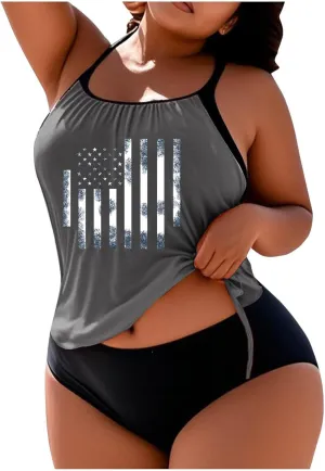 Tankini Swimsuits for Women Tummy Control American Flag Bathing Suit 2 Piece Hide Belly Blouson Swimwear with Bottoms