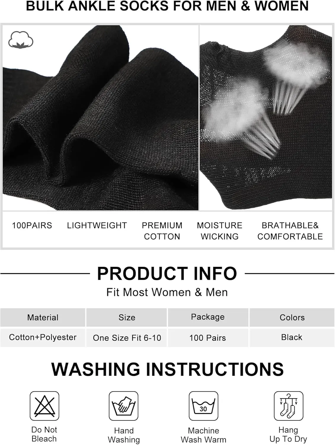 Tarpop 100 Pairs Bulk Mens Socks Moisture Wicking Casual Sports Ankle Socks for Homeless Unisex Adult Men Women