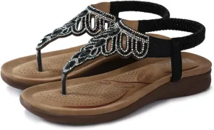 Thong Sandals for Women Dressy,Bohemian Rhinestone Flats Shoes Elastic Strap Flip Flops Summer Beach Walking Sandals