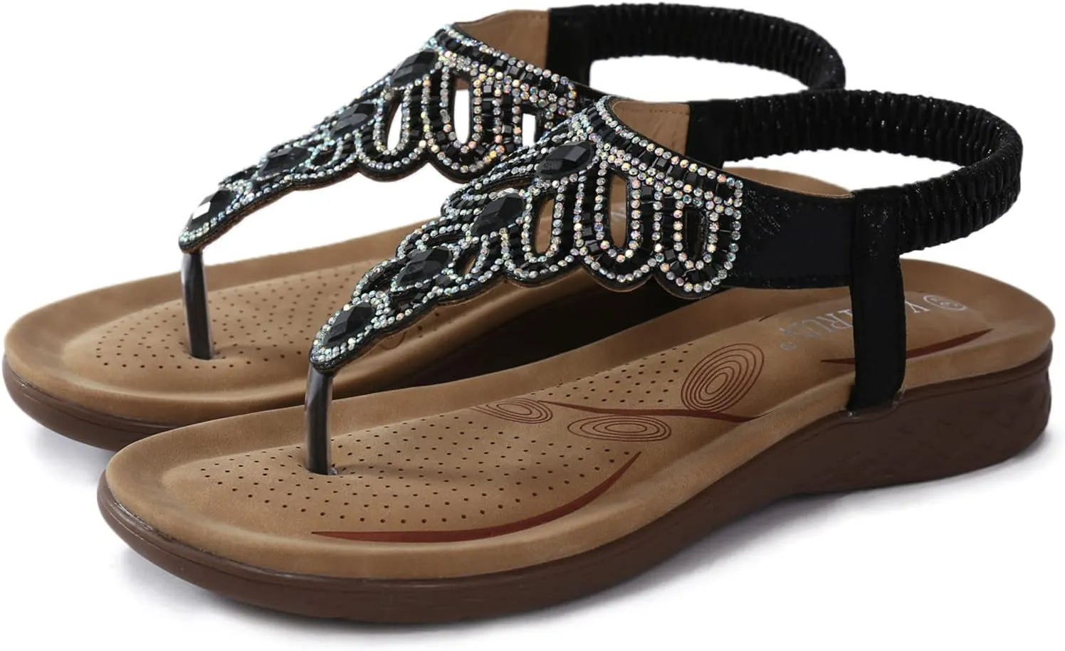 Thong Sandals for Women Dressy,Bohemian Rhinestone Flats Shoes Elastic Strap Flip Flops Summer Beach Walking Sandals