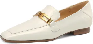 TinaCus Women's Genuine Leather Embossed Retro Square Toe Chunky Heel Handmade Loafers Flats Shoes