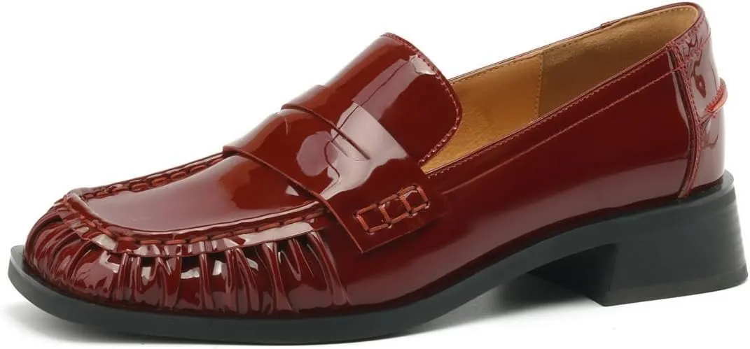 TinaCus Women's Patent Leather Square Toe Pleated Chunky Heel Handmade Loafers Shoes