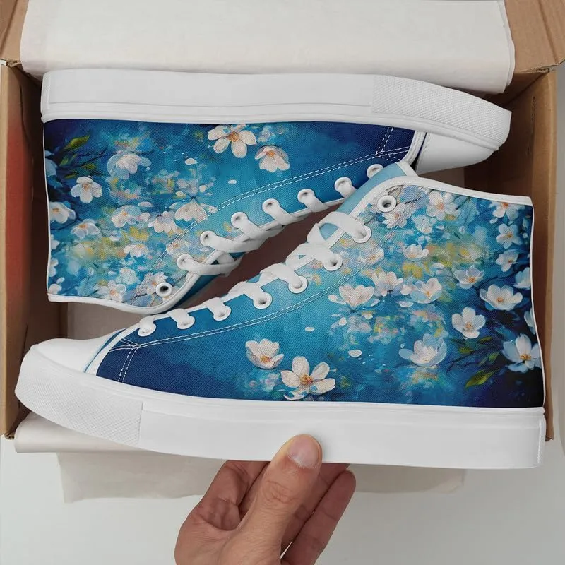 Unisex Fashion High Top Canvas Sneakers Lace-Up Floral Casual Shoes Breathable Walking Tennis Shoes Spring Summer Wear