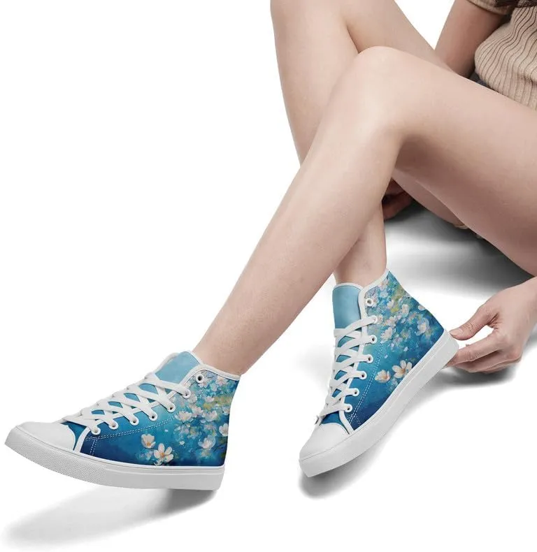 Unisex Fashion High Top Canvas Sneakers Lace-Up Floral Casual Shoes Breathable Walking Tennis Shoes Spring Summer Wear