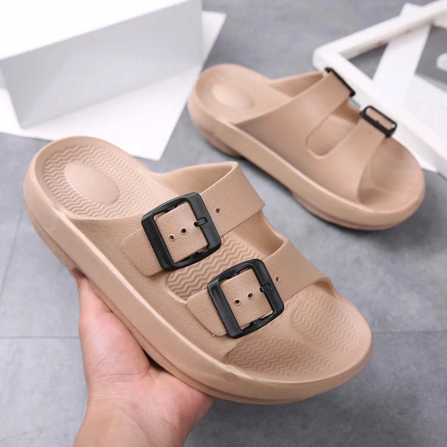 Unisex Flat Slide Sandals Platform Slippers Comfort Footbed Adjustable Slides Double Buckle Slip On EVA Summer Shoes