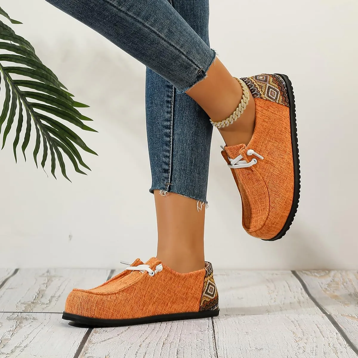 Unisex Orange Loafers for Men & Women – Slip-On Casual Shoes with Colorful Geometric Heel Detail, Lightweight Non-Slip Rubber Sole