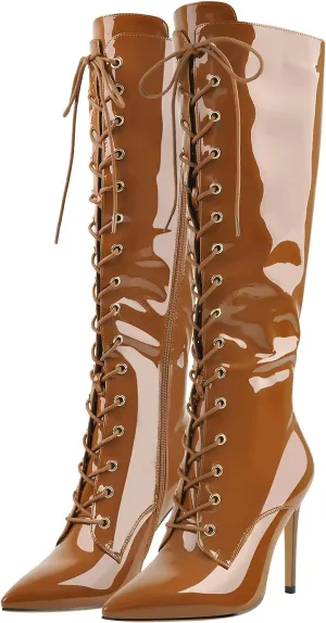 VERISSON Women's Lace up Winter Booties Point Toe Stiletto Knee Boots