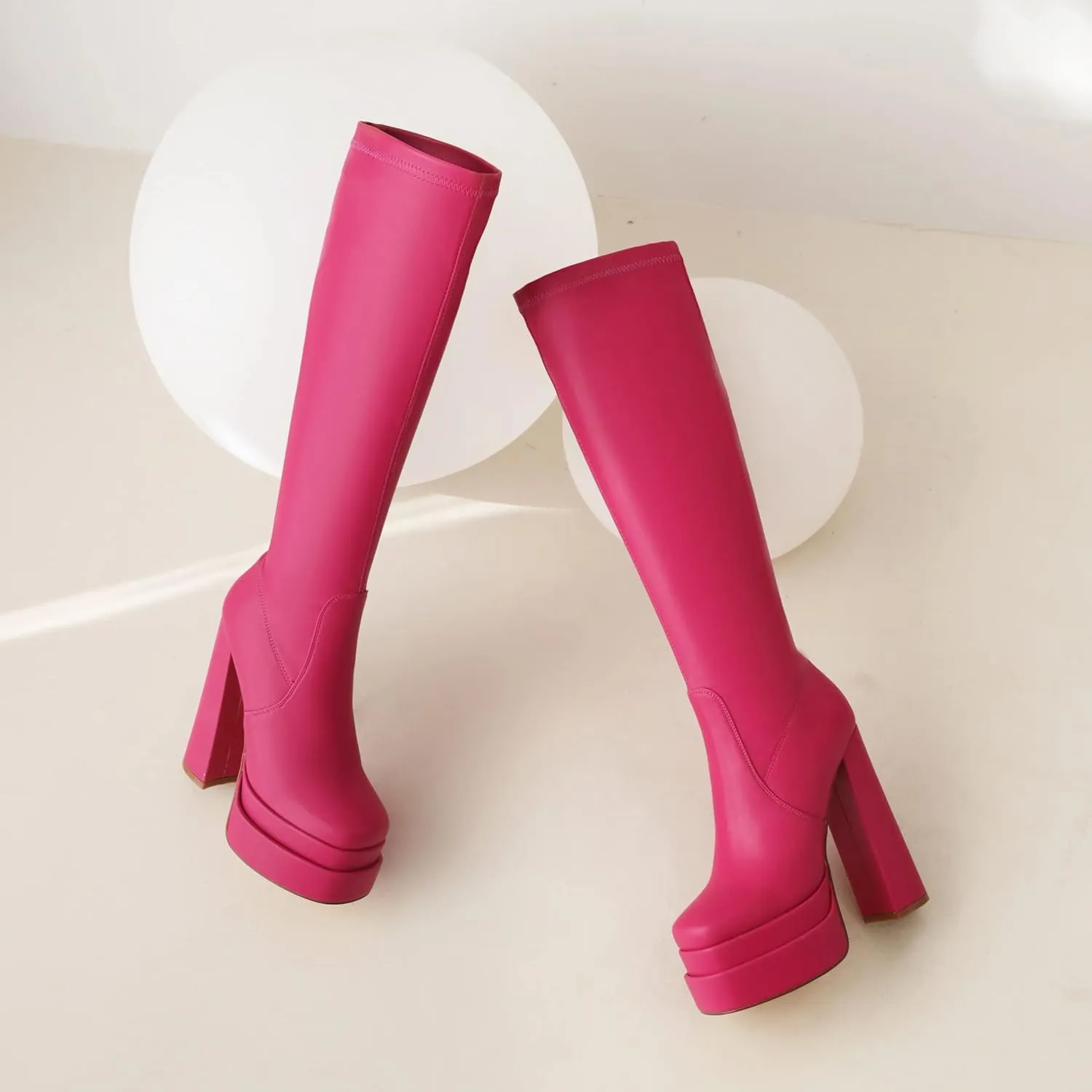 vivianly Women's Platform Knee High Boots Square Toe Chunky Heel Long Stretch Gogo Boots with Side Zipper