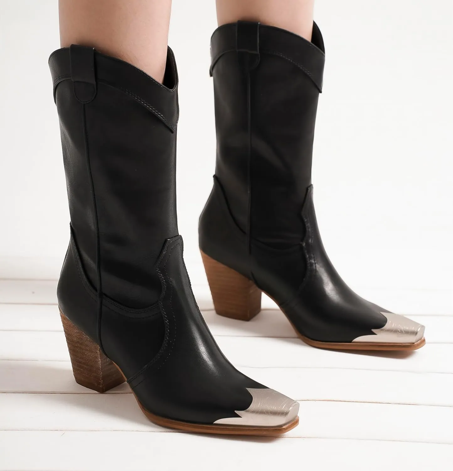 Western Metal Toe Boots for Women Cowgirl Boots Mid Calf Boots Stacked Heel Back Zipper Boots Cowboy Boots