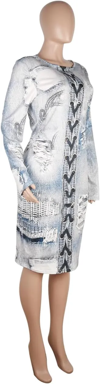 WOKANSE Women's Long Sleeve Faux Denim Printed Dress Bodycon Stretchy Midi Dresses for Party Club