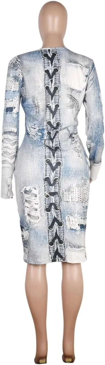 WOKANSE Women's Long Sleeve Faux Denim Printed Dress Bodycon Stretchy Midi Dresses for Party Club