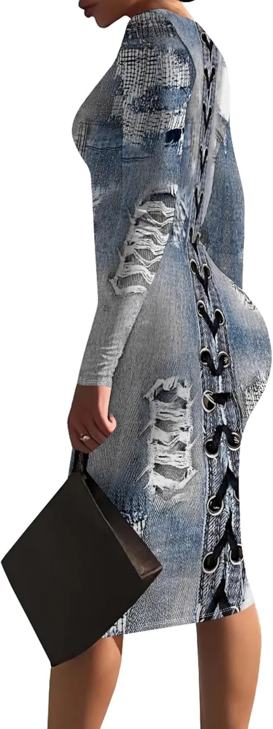 WOKANSE Women's Long Sleeve Faux Denim Printed Dress Bodycon Stretchy Midi Dresses for Party Club