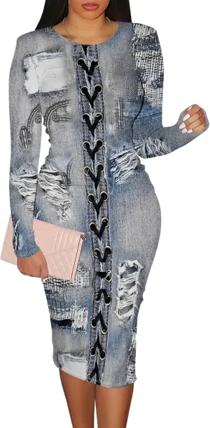 WOKANSE Women's Long Sleeve Faux Denim Printed Dress Bodycon Stretchy Midi Dresses for Party Club