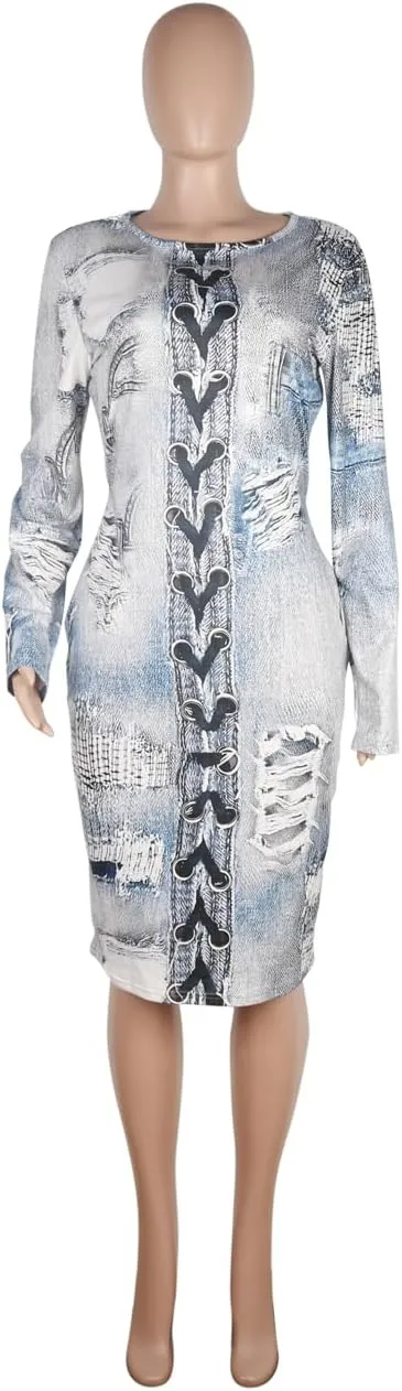 WOKANSE Women's Long Sleeve Faux Denim Printed Dress Bodycon Stretchy Midi Dresses for Party Club