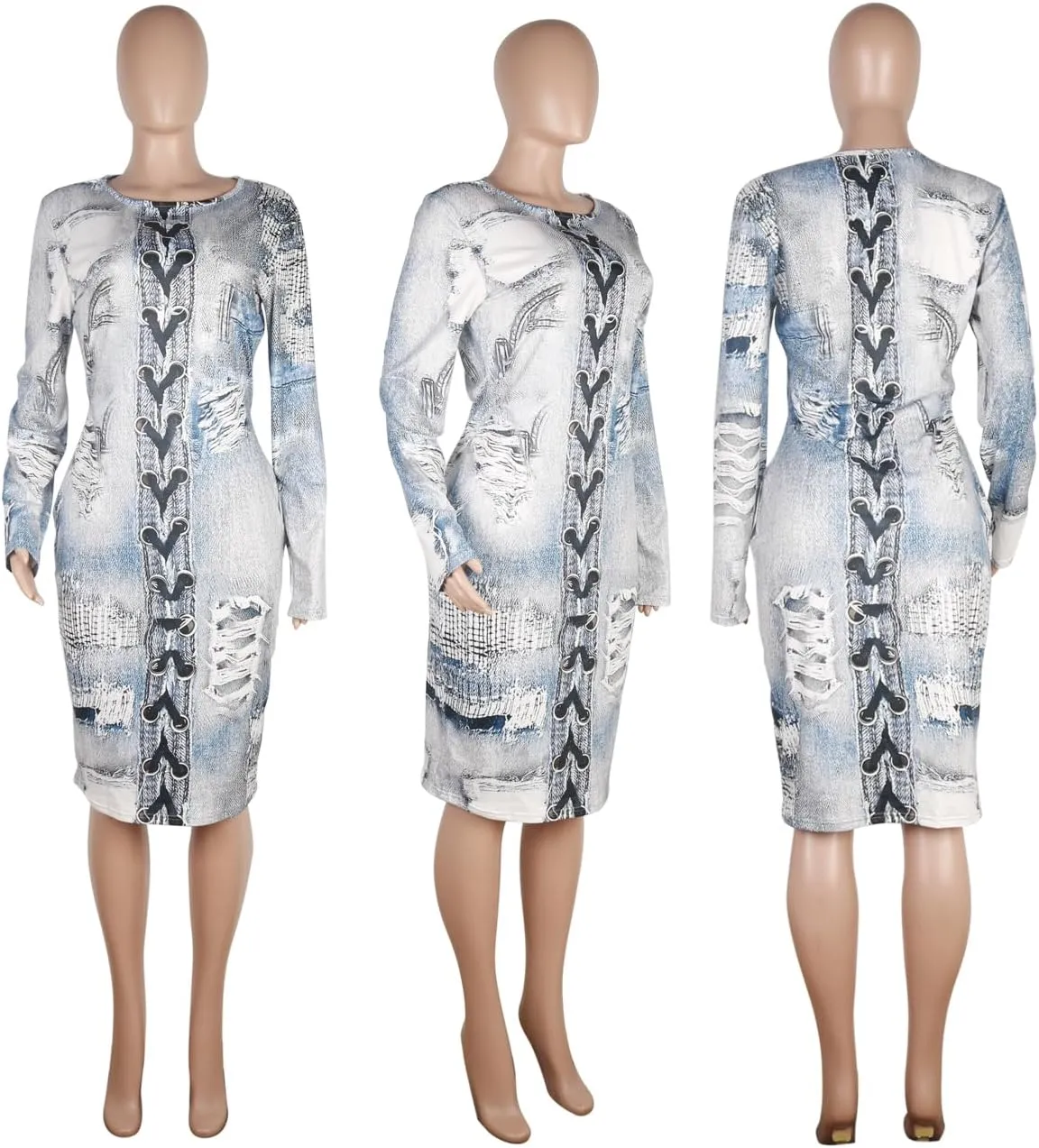 WOKANSE Women's Long Sleeve Faux Denim Printed Dress Bodycon Stretchy Midi Dresses for Party Club