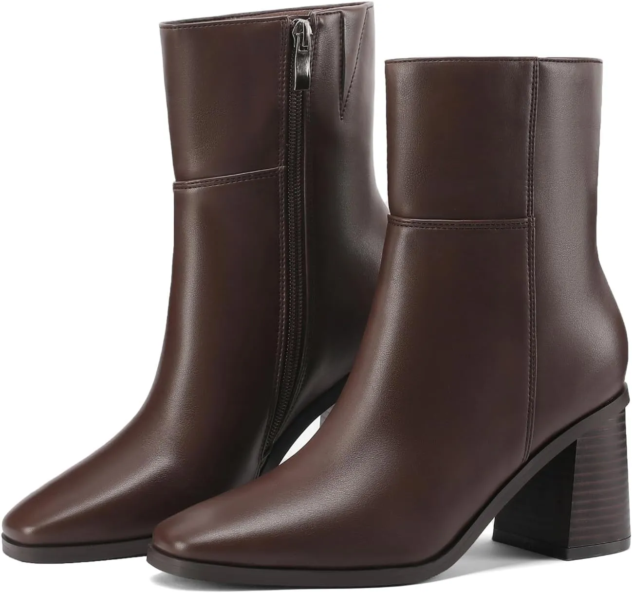 Women Ankle Boots Square Toe Chunky Heel Booties Mid Stacked Heels Fashion Dress Short Boots with Zips