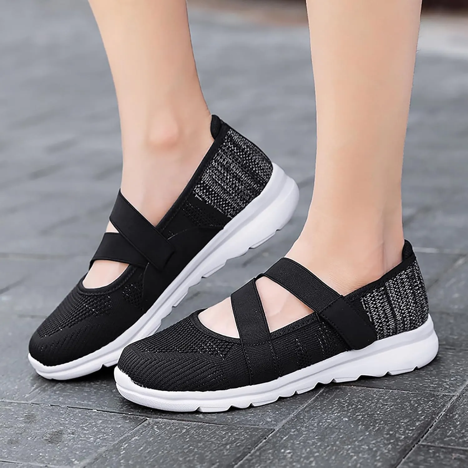 Women Mary Jane Shoes Slip On Walking Flats Comfortable Dressy Shoes Knit Casual Nurse Flats with Arch Support