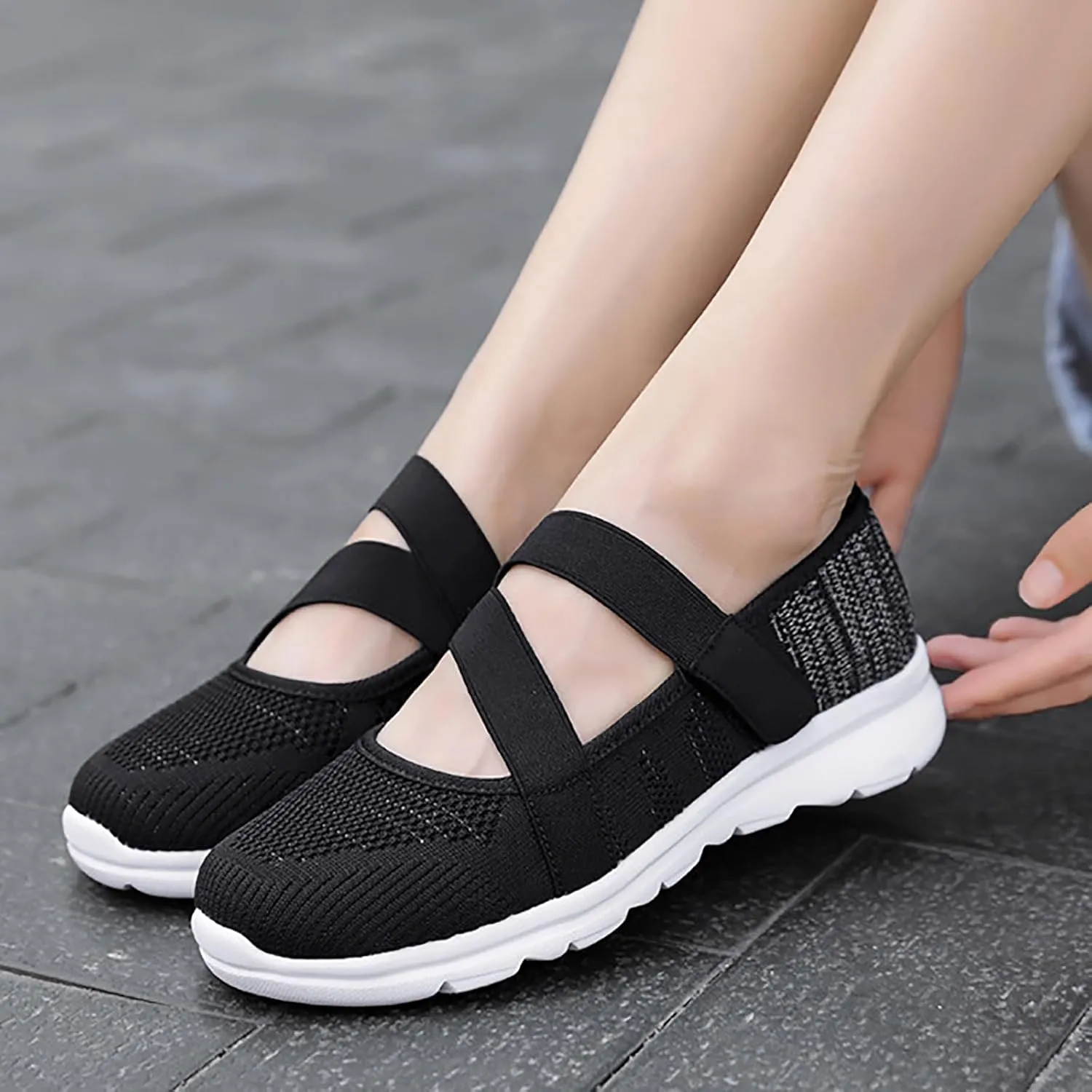 Women Mary Jane Shoes Slip On Walking Flats Comfortable Dressy Shoes Knit Casual Nurse Flats with Arch Support