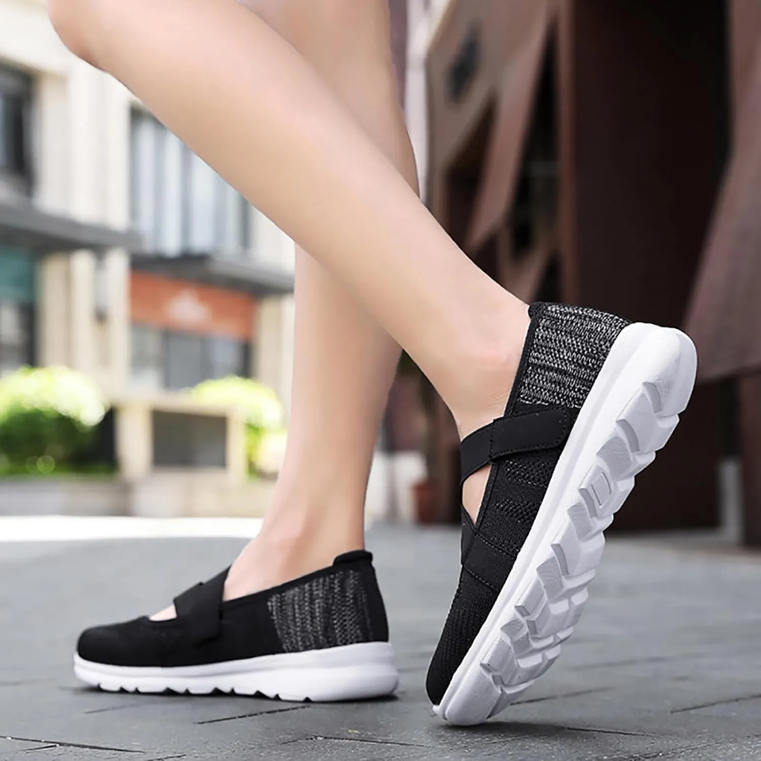 Women Mary Jane Shoes Slip On Walking Flats Comfortable Dressy Shoes Knit Casual Nurse Flats with Arch Support