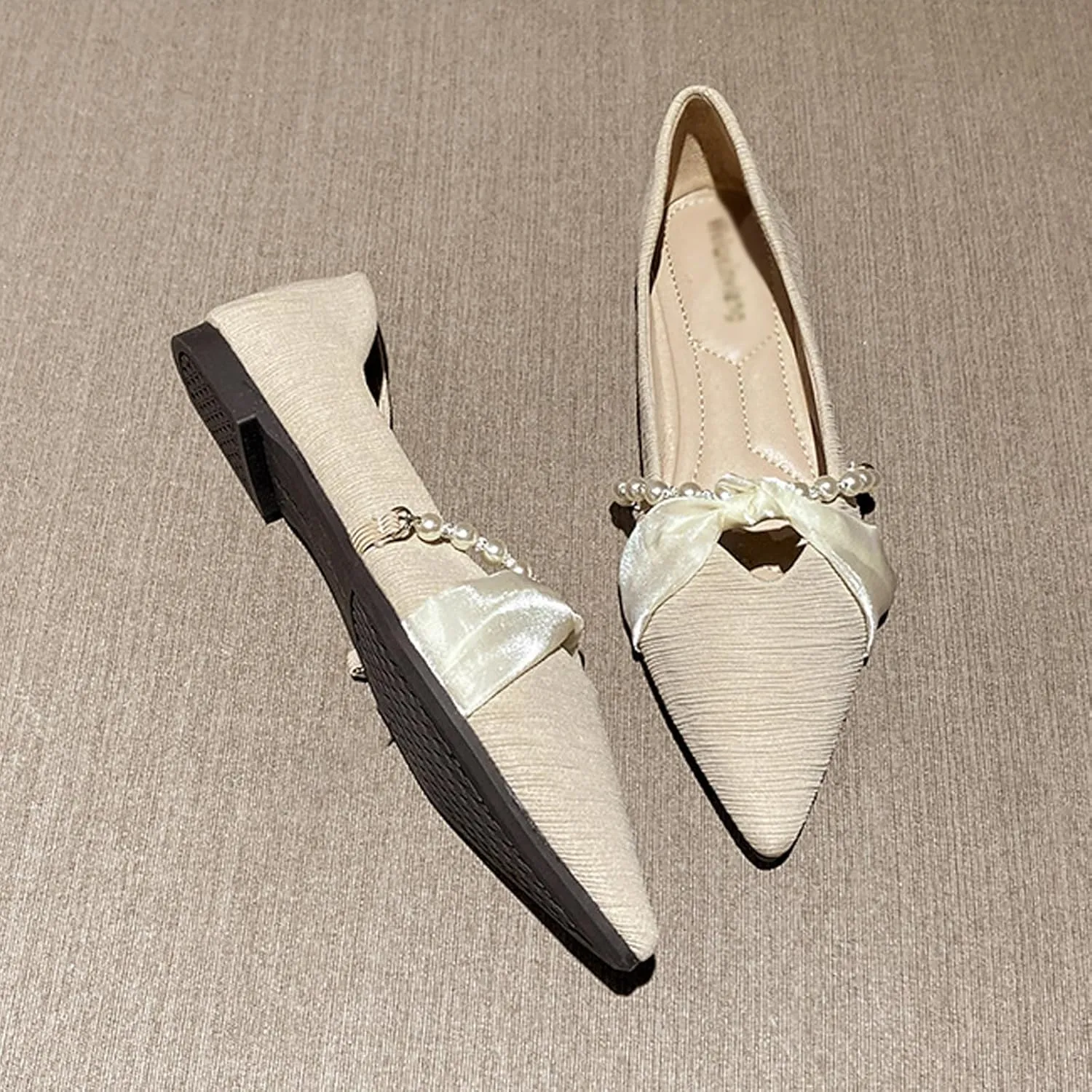 Women Pointed Toe Pearl Slip-on Flat Loafers,Comfortable Ribbon Bow Closed Toe Ballet Flats Cute Low Heel Work Dress Loafers