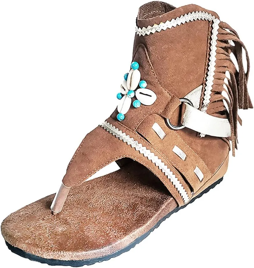 Women Retro Bohemian Tassel Sandals Fashion Thong Roman Beach Shoes Boots Summer Casual Trendy Flat Sandals