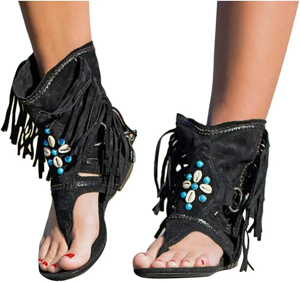 Women Retro Bohemian Tassel Sandals Fashion Thong Roman Beach Shoes Boots Summer Casual Trendy Flat Sandals