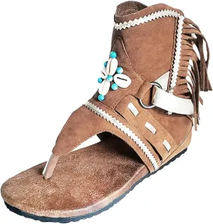 Women Retro Bohemian Tassel Sandals Fashion Thong Roman Beach Shoes Boots Summer Casual Trendy Flat Sandals